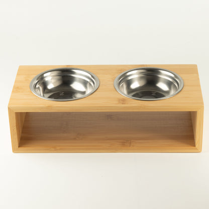 PAW Cuencos para comida - Grande doble acero inoxidable (201) en soporte de madera - 2x13 cm