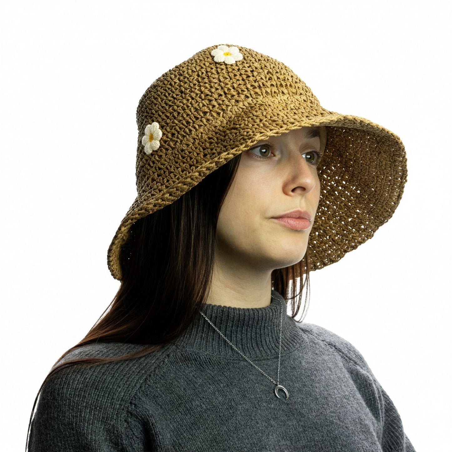 Chapeau de soleil souple en paille Nomad Sari - Fleurs beiges et bleues