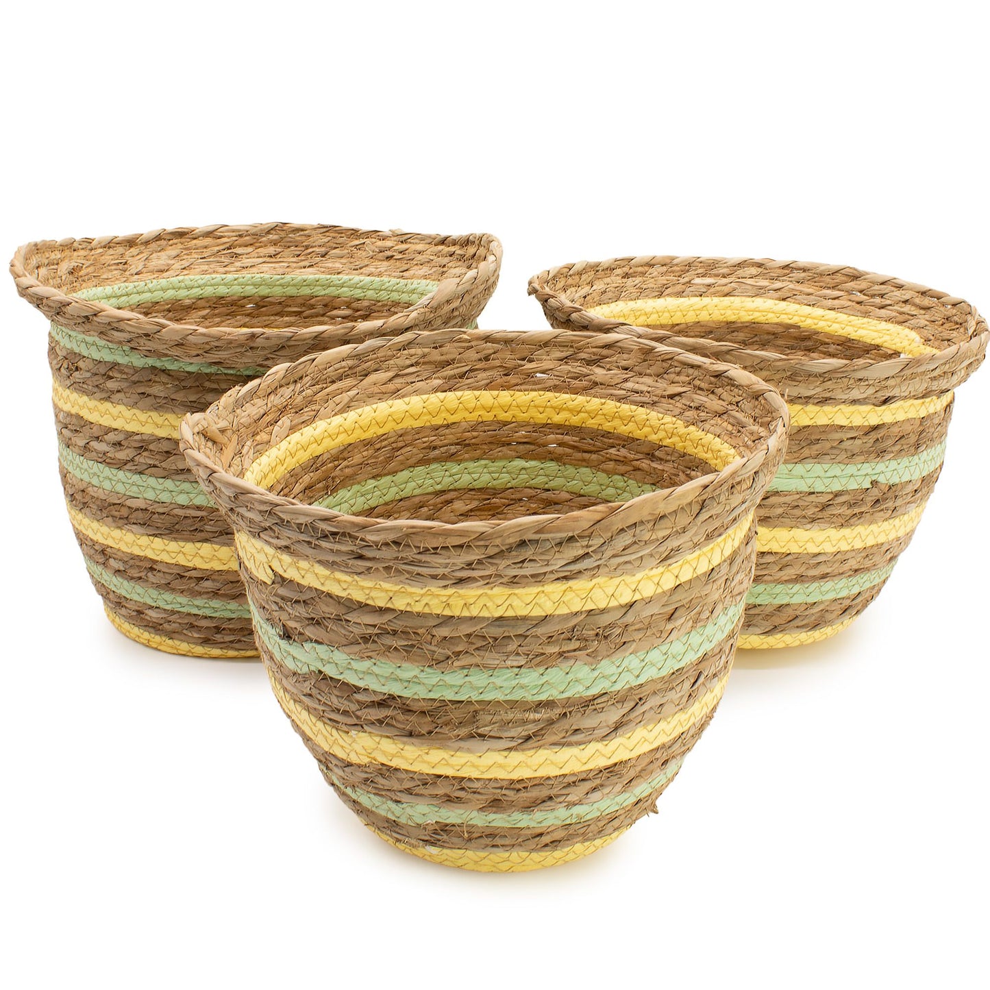 Körbe in Vasenform aus Seegras und Stroh – Natur, Gelb und Grün – 3er-Set