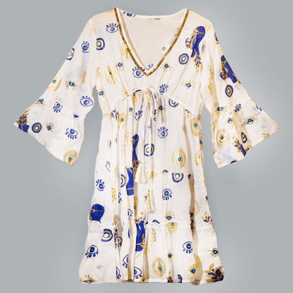 Vestido Sari Nomad Mal de Ojo Blanco Azul Dorado (talla LXL)
