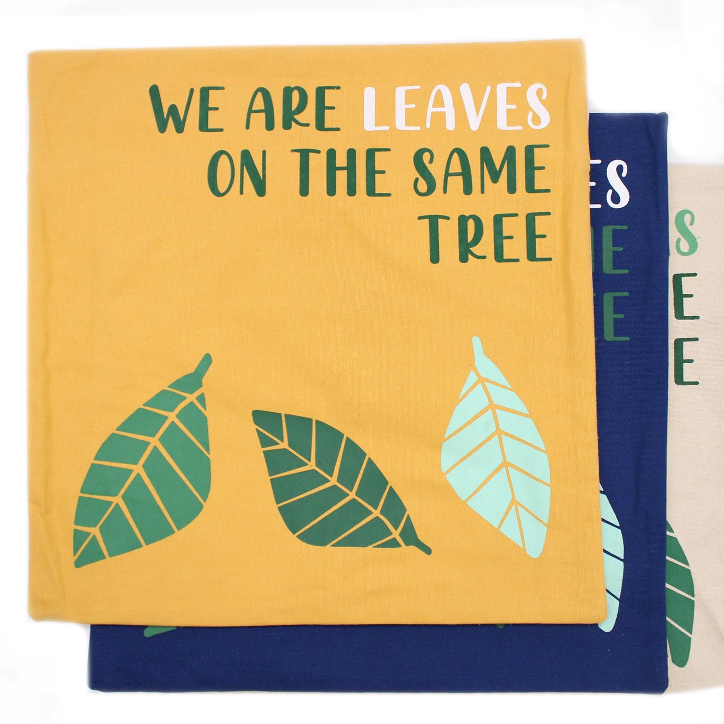 Housse de coussin en coton imprimé - We Are Leaves - Jaune, bleu et naturel