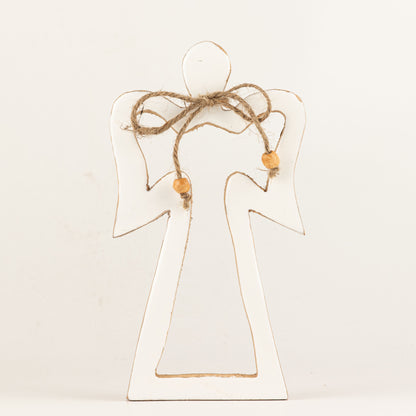 Ángel de madera de mango mediano con halo - esmalte blanco