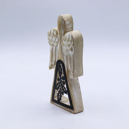 Ángel de madera de mango - Encalado con decoración de hierro recortado - 18 cm