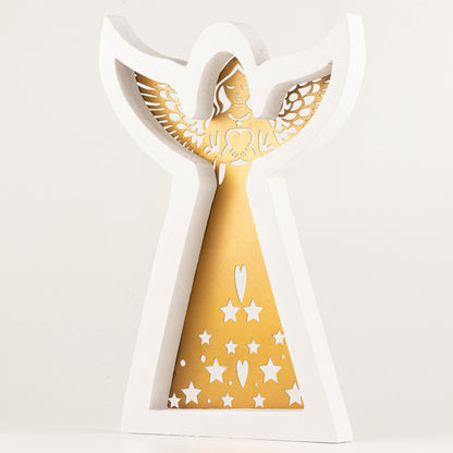 Ángel de madera de mango - acabado lavado blanco con recorte decorativo de hierro - 39 cm
