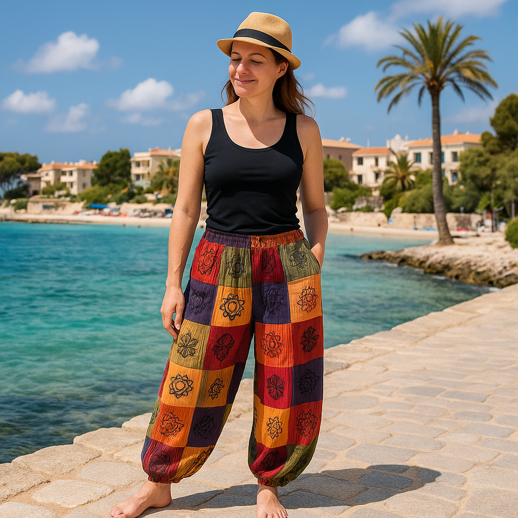 Nomaden-Sari – Pilzhose – Blockdruck-Designs – Orangetöne (105 x 127 cm) S/M