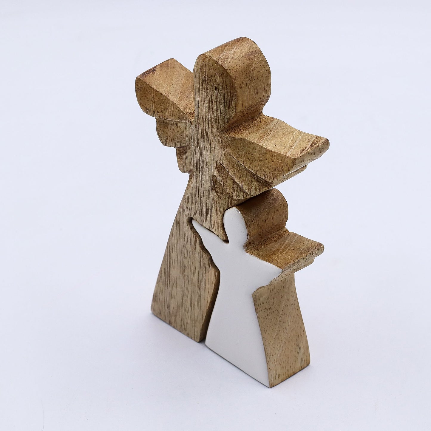 Ángel de madera de mango en ángel - Esmalte blanco - 15 cm