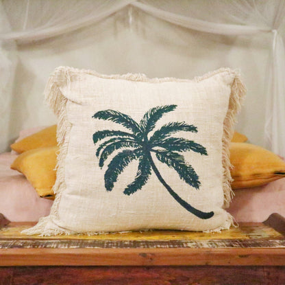 Funda de Cojín de Lino 60x60 Palmera con Flecos