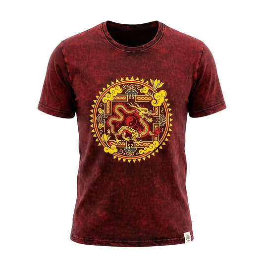 Nomad Sari T-Shirt aus gewaschener Baumwolle – Drachen-Mandala – Weinrot – S