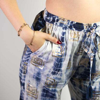 (ML) Nomad Collection Mediterraner Sari – Hose – Griechisches Motiv in Gold und Blau