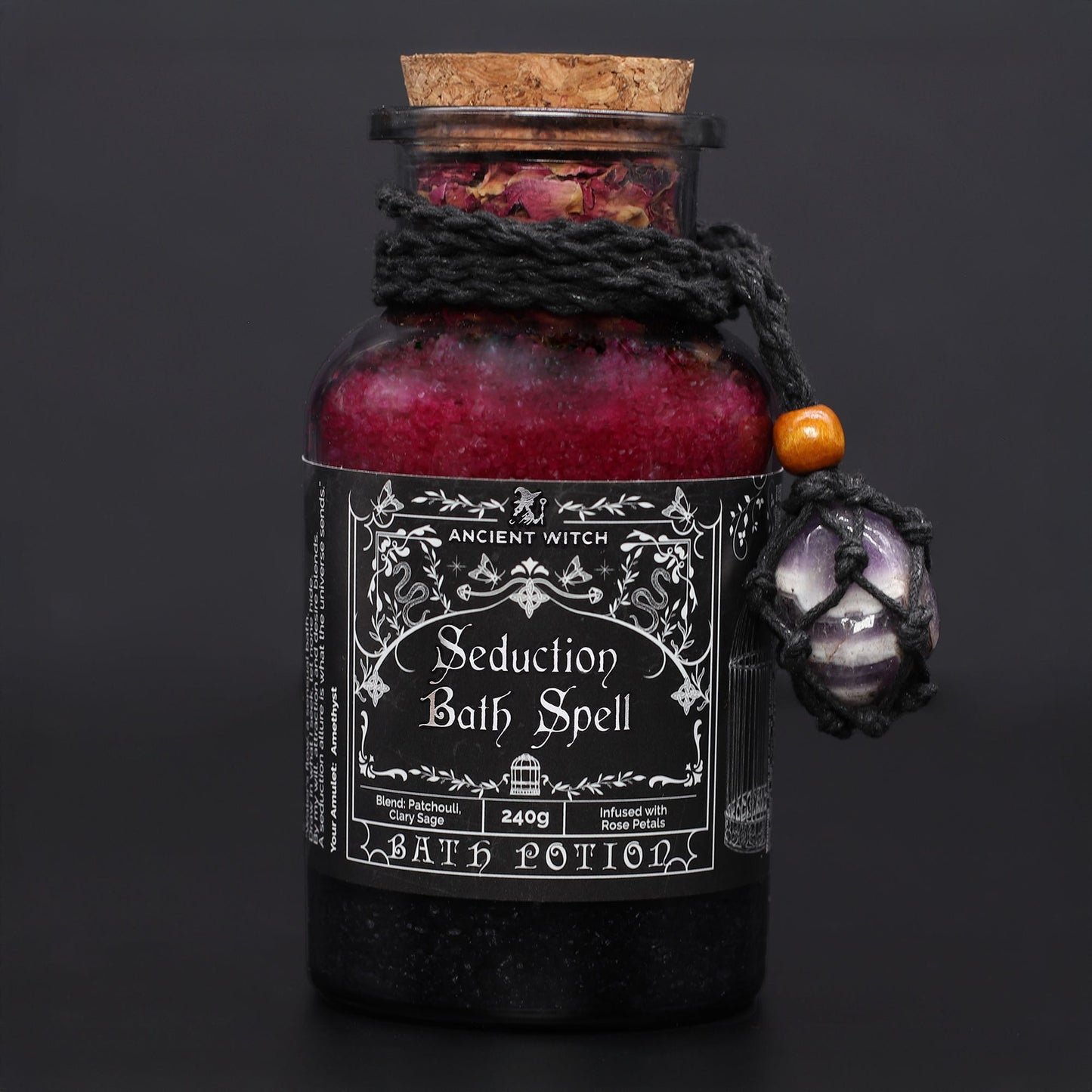 Potion de bain de sorcière antique et amulette en cristal d'améthyste - Séduction
