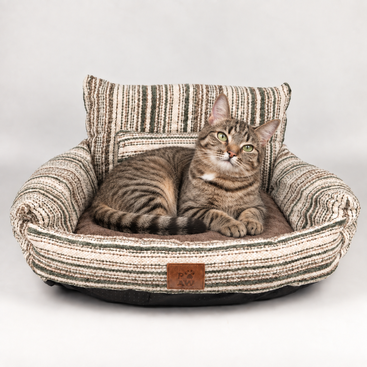 PAW Bed – Sofá pequeño – Rayas marrones – 50 × 50 × 26 cm