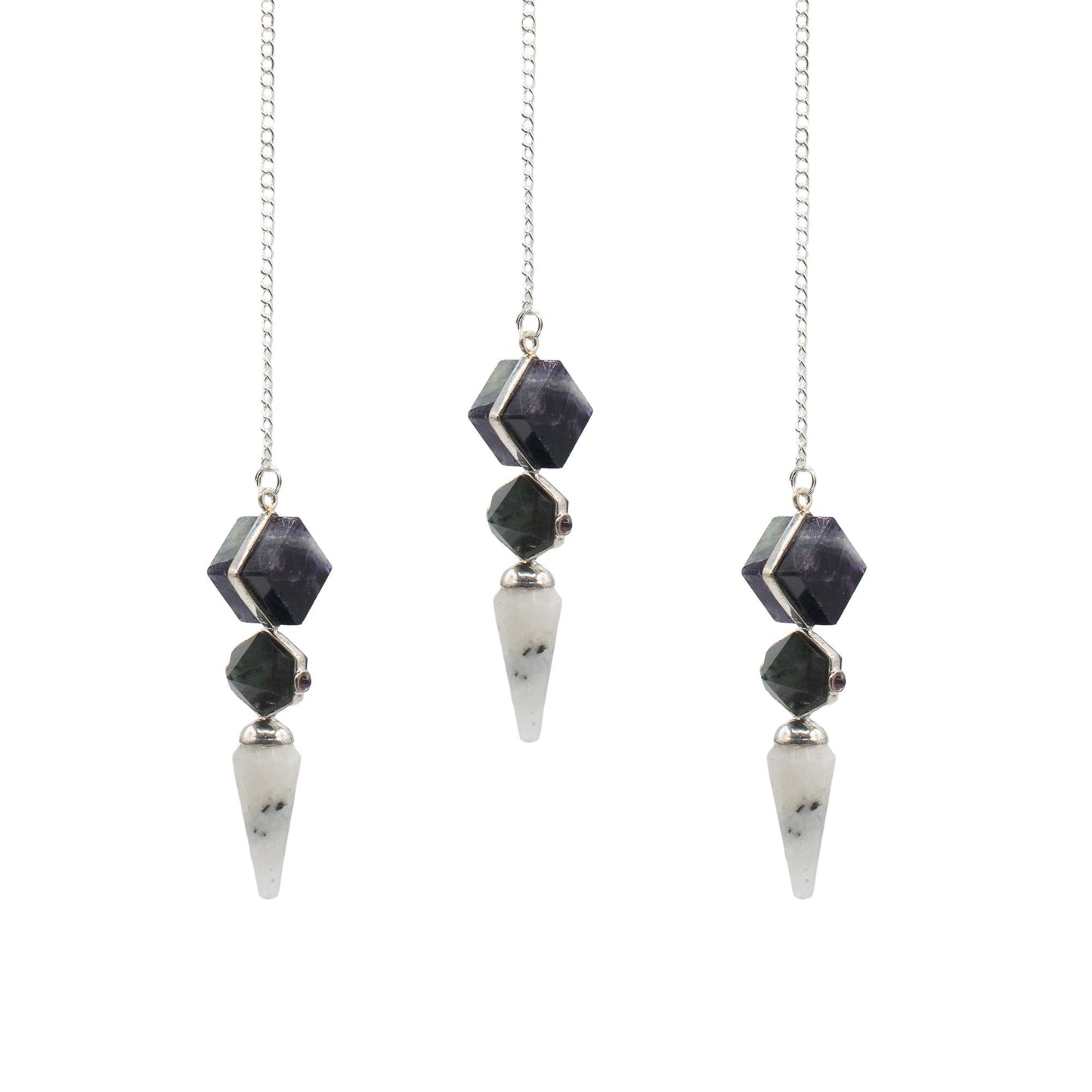 Edición de la puerta psíquica - péndulo de tres piezas - fluorita multicolor - labradorita - piedra lunar arcoíris
