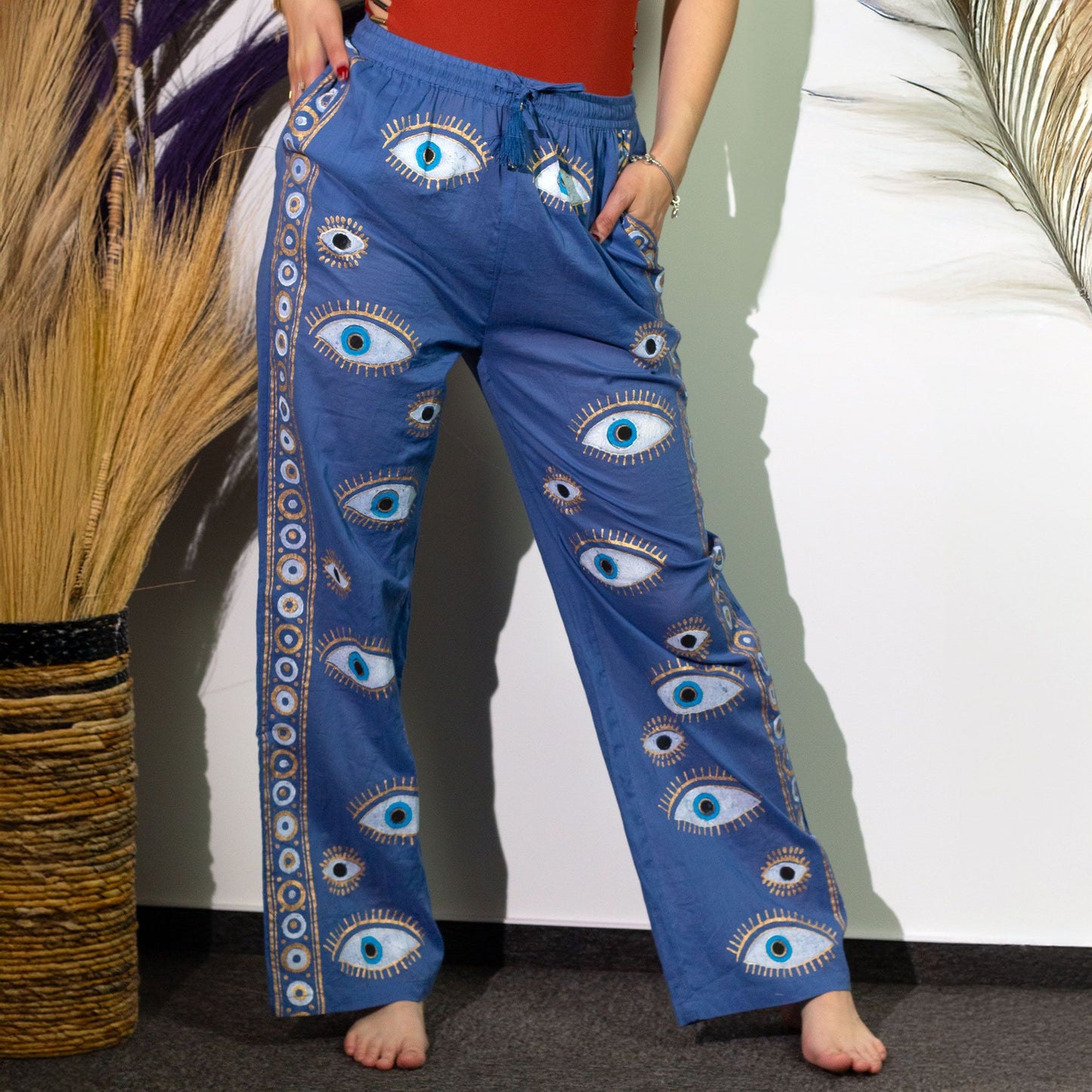 (LXL) Collection Nomad Sari méditerranéen - Pantalon - Motif mauvais œil en bleu riche et or