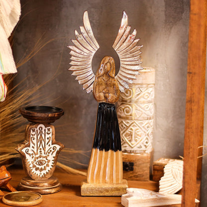 Ángel guardián grande de madera de mango con alas de metal y detalles esmaltados - 40 cm