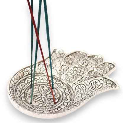 Räucherstäbchenhalter Hamsa aus poliertem Aluminium, 18 x 13 cm