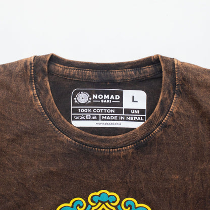 Nomad Sari Camiseta de Algodón Lavado a Piedra - Sol y Zodíaco - Marrón - Grande