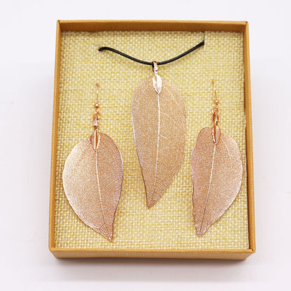 Conjunto Collar Aretes Hoja Oro Blanco