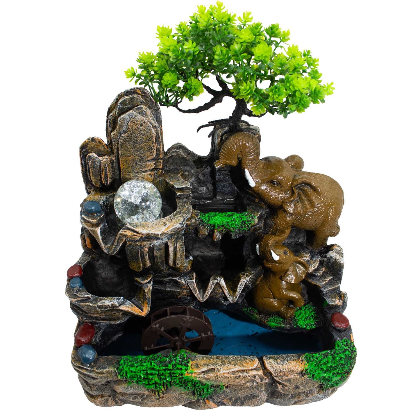 Dekorativer Tischbrunnen mit verliebten Elefanten, Glaskugel, Licht und Wassermühle (30x20x35cm)