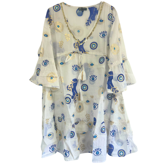 (LXL) Collection Nomad Sari - Robe - Motif Mauvais Œil Blanc, Bleu et Or