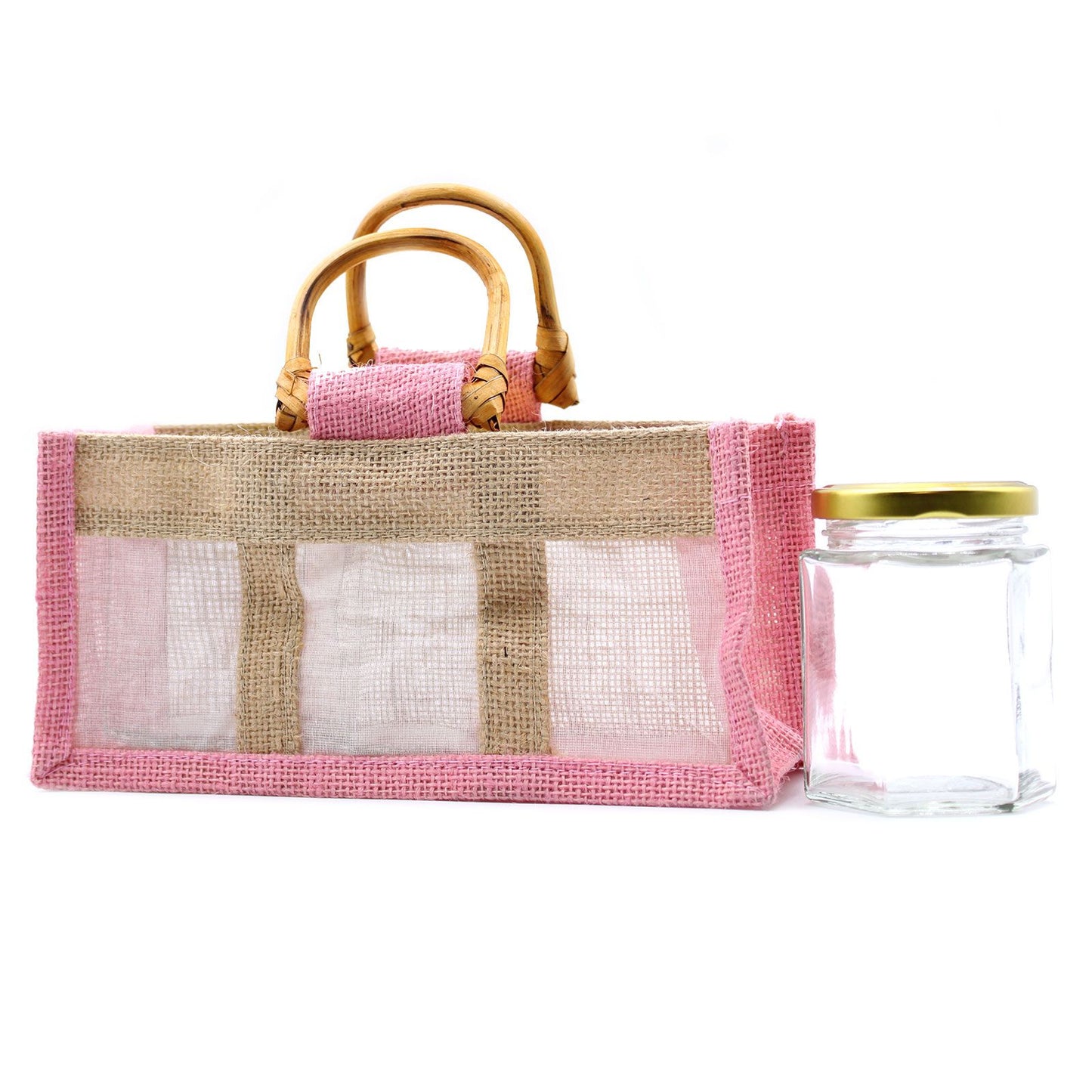 Bolsa de regalo de yute puro y algodón con ventana - 3 Ventanas en Rosa