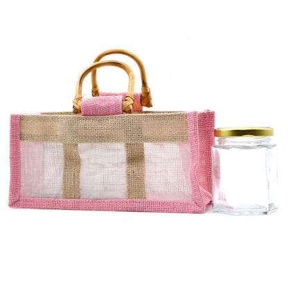 Bolsa de regalo de yute puro y algodón con ventana - 3 Ventanas en Rosa