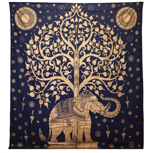 Baumwoll-Doppelsteppdecke + Wandbehang - Elefant und Baum - Goldblau