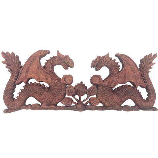 Panneau en bois sculpté - Deux dragons face à face - 40x15cm