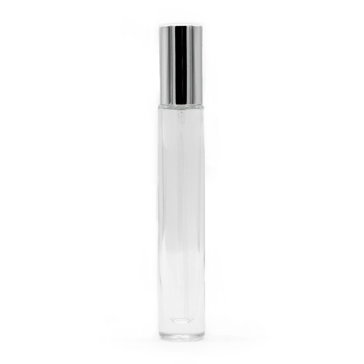 Flacon rond et fin de 10 ml, vaporisateur et bouchon argentés
