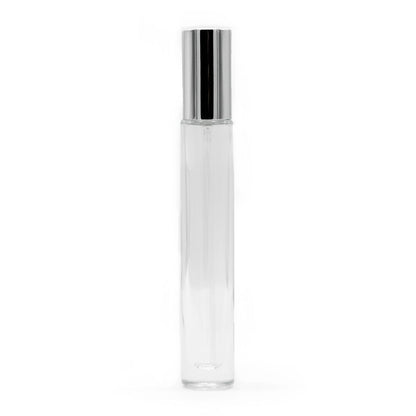 Flacon rond et fin de 10 ml, vaporisateur et bouchon argentés