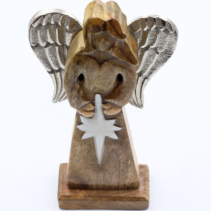 Ángel de la Paz grande de madera de mango con alas de metal y detalles esmaltados - 30 cm