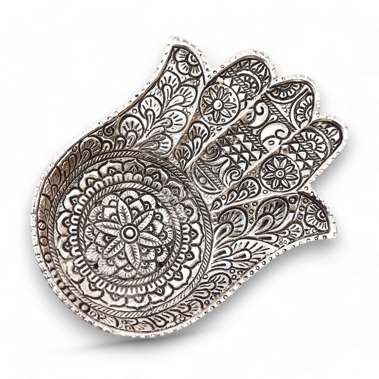 Räucherstäbchenhalter Hamsa aus poliertem Aluminium, 18 x 13 cm