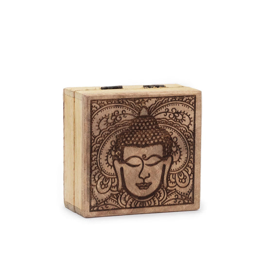 Petite boîte carrée 10 x 10 x 4,2 cm - Visage de Bouddha gravé noir