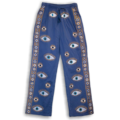 (LXL) Collection Nomad Sari méditerranéen - Pantalon - Motif mauvais œil en bleu riche et or