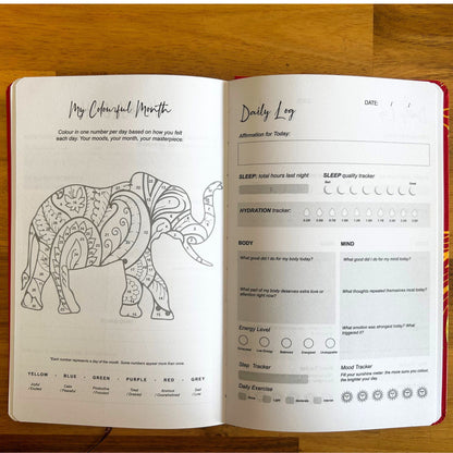 Carnet de bien-être rouge - 120 pages - Mandala doré et lotus