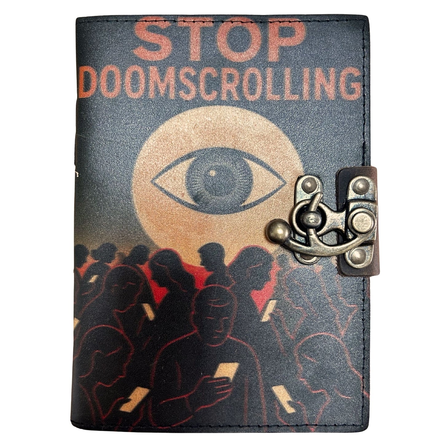 Bedruckte Notizbücher aus Leder (7 x 5 Zoll) – Stop Doom Scrolling – 200 Seiten, Normalpapier
