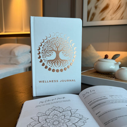 Weißes Wellness-Notizbuch – 120 Seiten – Lebensbaum in Roségold