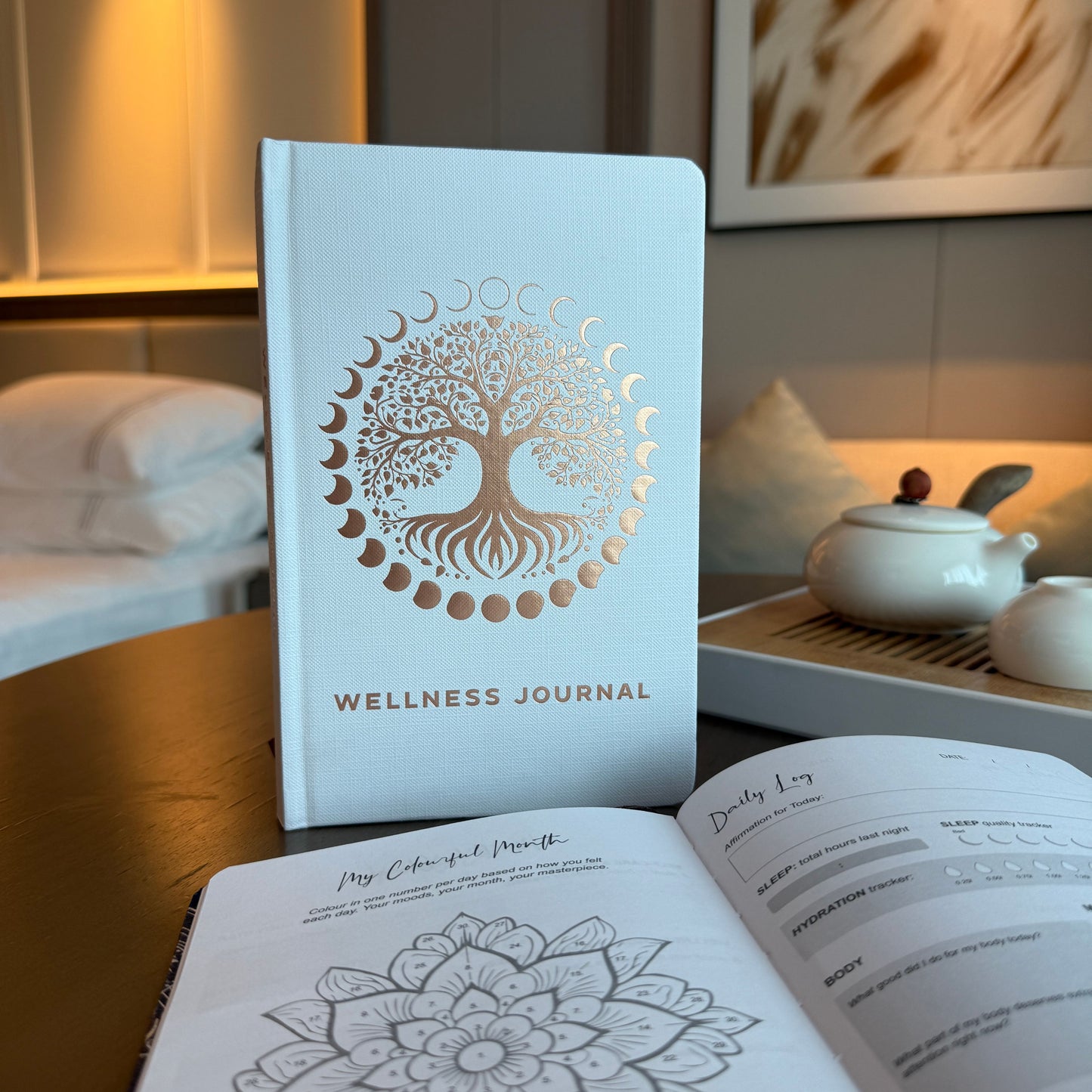 Weißes Wellness-Notizbuch – 120 Seiten – Lebensbaum in Roségold