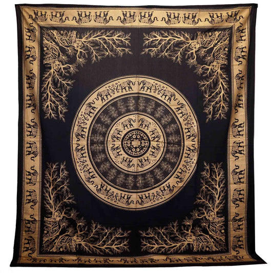 Baumwoll-Doppelsteppdecke + Wandbehang - Dschungelelefant - Schwarzgold