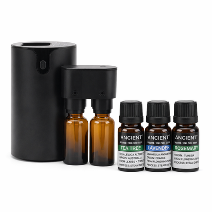 Wasserloses Aromatherapie-Set mit Doppelzerstäuber und 3 x 10 ml ätherischen Ölen