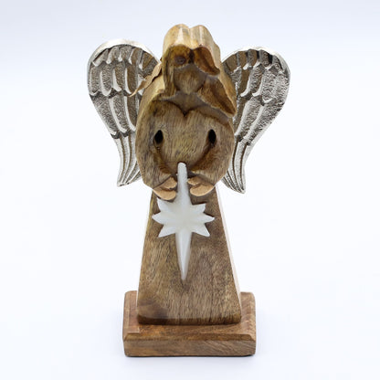 Ángel de la Paz grande de madera de mango con alas de metal y detalles esmaltados - 30 cm