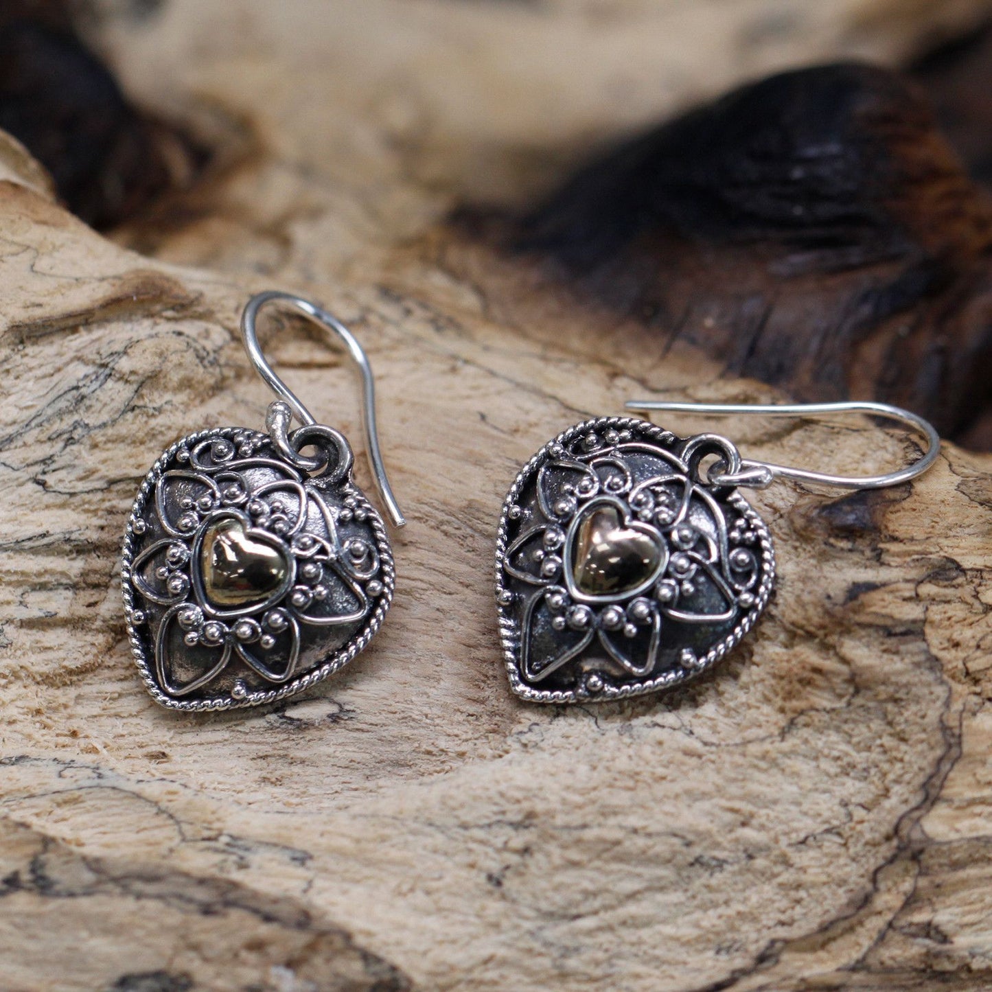 Pendientes Plata y Oro Corazones Mandala