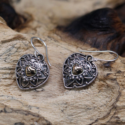 Pendientes Plata y Oro Corazones Mandala