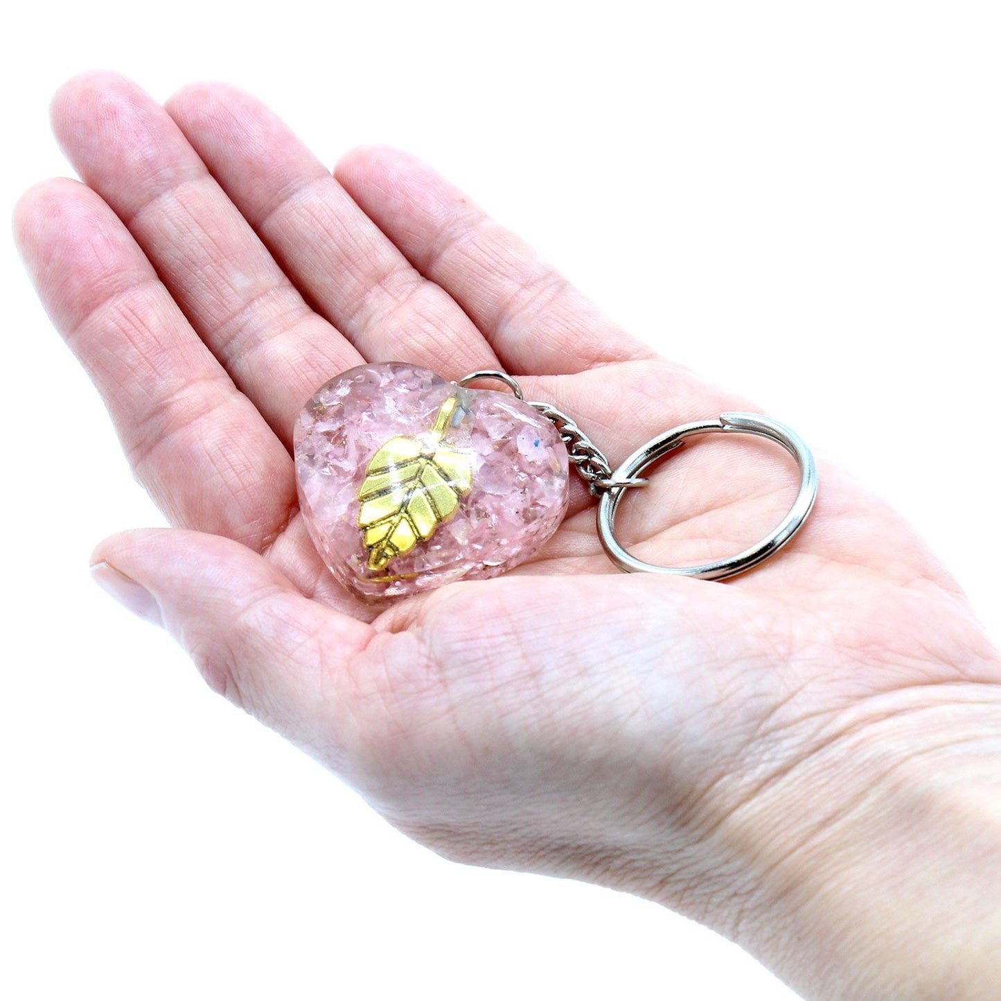 Porte-clés Power Orgonite - Cœurs en quartz rose et feuille d'or