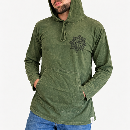 Camisa con capucha pequeña lavada a la piedra con bolsillo canguro - Verde azulado vintage