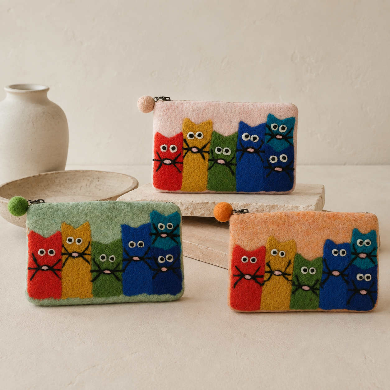 Grupo de Gatos Curiosos Monedero de fieltro - (3 colores surtidos)