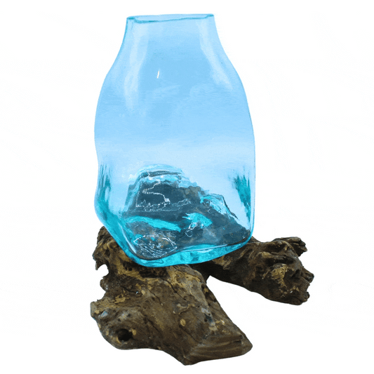 Große Vase aus geschmolzenem Glas – Terrariumglas auf Holz