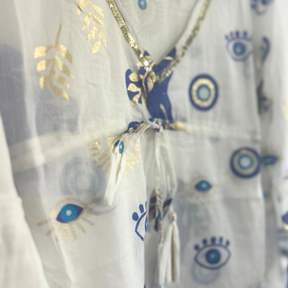 Vestido Sari Nomad Mal de Ojo Blanco Azul Dorado (talla LXL)