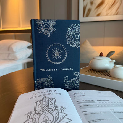 Mitternachtsblaues Wellness-Tagebuch – 120 Seiten – Silbernes Sternzeichen