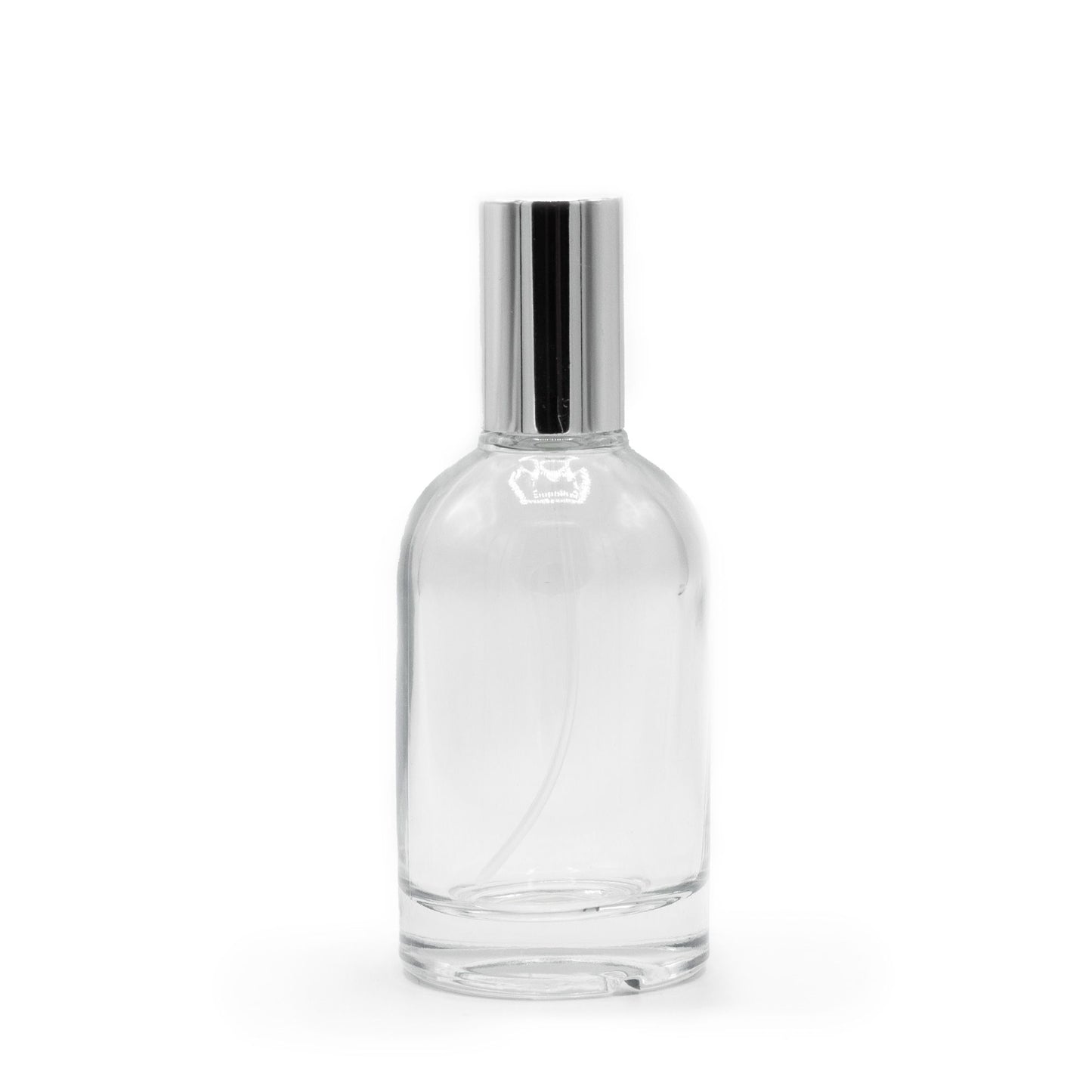 Flacon rond épais de 50 ml, spray et bouchon argentés