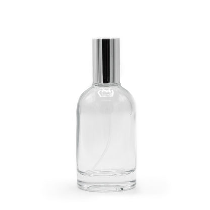 Flacon rond épais de 50 ml, spray et bouchon argentés